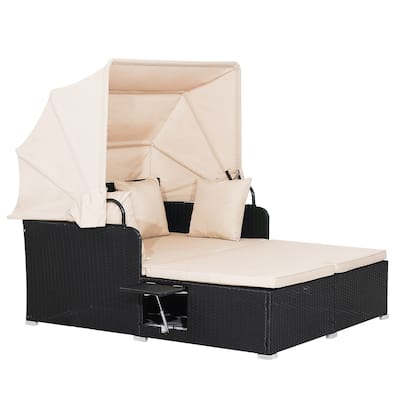 Gymax Patio Rattan Daybed Lounge Retractable Top Canopy Side Tables