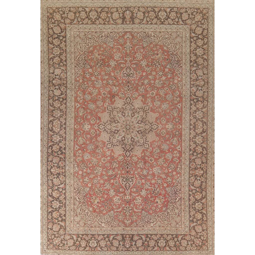 Floral Mashad Persian Vintage Rug Hand-Knotted Pink Wool Carpet - 9'5"x 13'0"