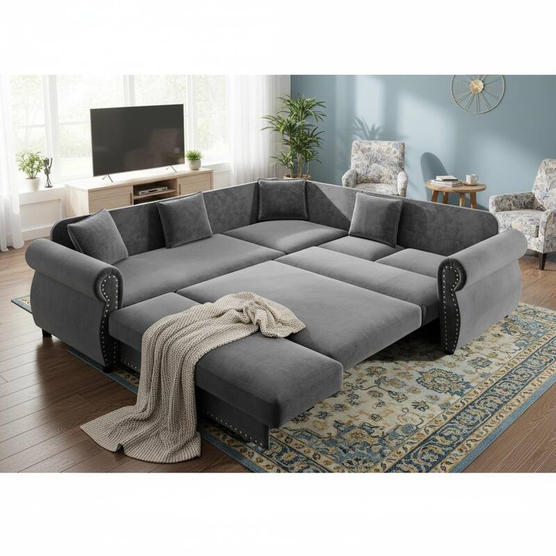 Homy Casa L-Shaped Sectional Sofa w/ Pull-Out Bed, Chenille Sleeper Couch w/ Nailhead Trim & Rolled Arm, Oversize