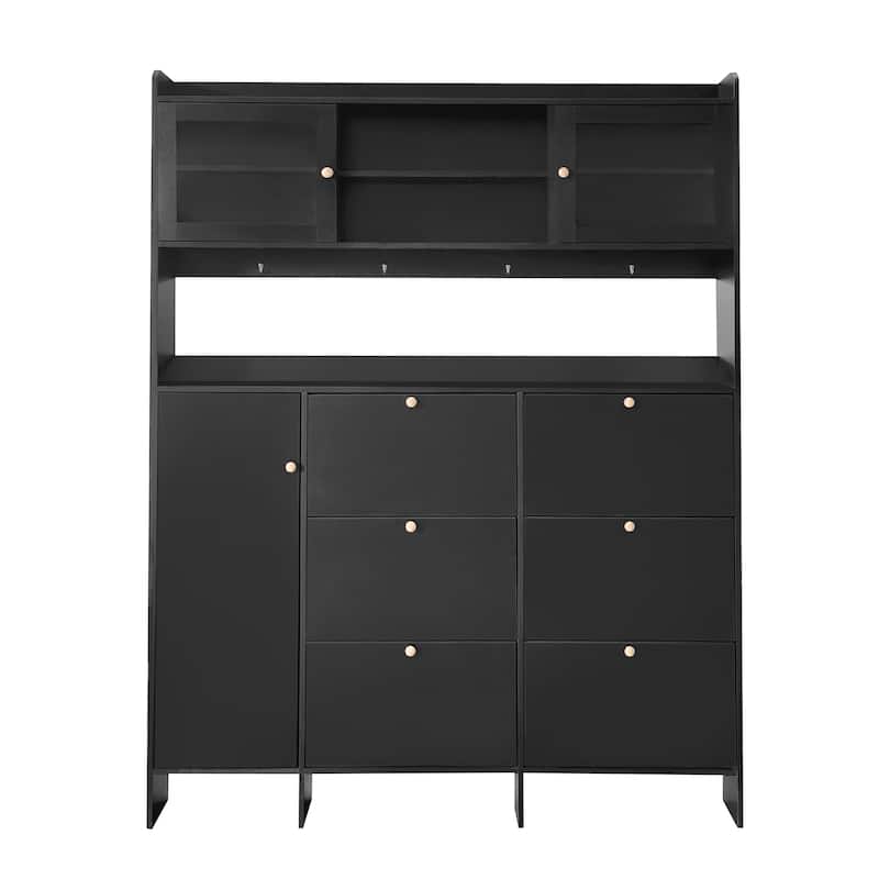 Sophisticated Shoe Cabinet with 6 Flip Drawers, 4 Hooks, Glass Doors