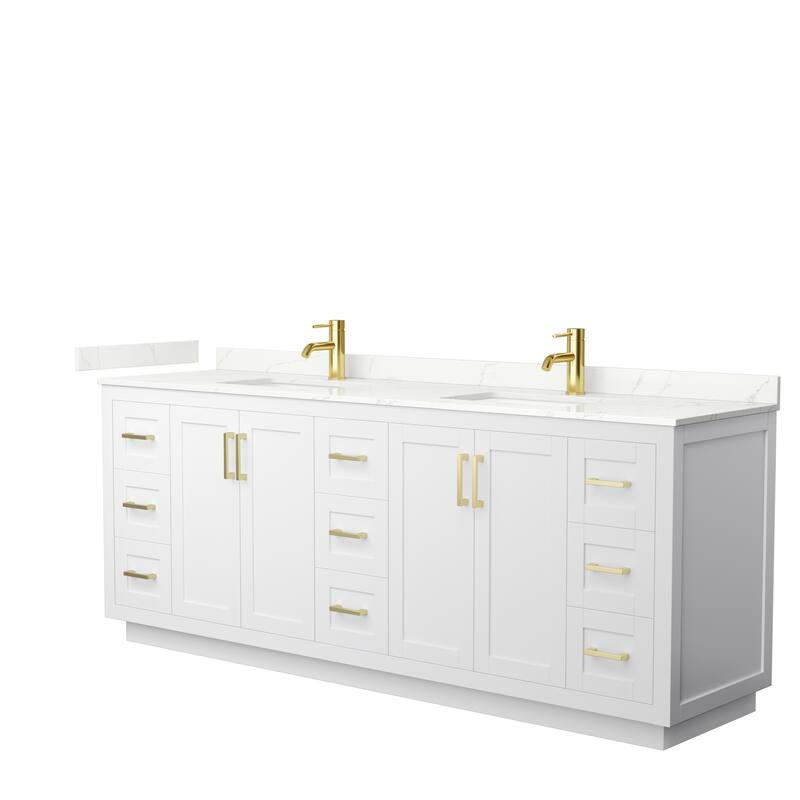 Miranda 84-inch Double Vanity, Quartz Top - White, Gold Trim, Giotto Quartz Top