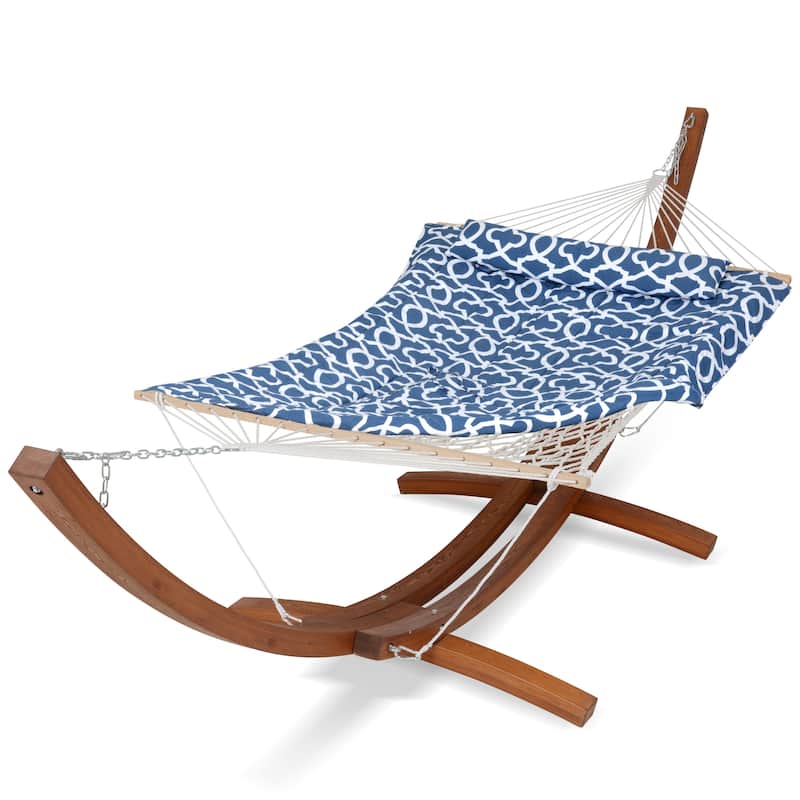 Rope Hammock with 13.5ft Wooden Stand and Removable Pad - Blue Pattern