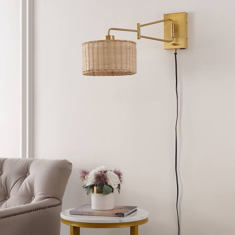 SAFAVIEH Lighting Bramley Wall Sconce (Set of 2) - Brass/Natural Rattan - 10"W x 21"D x 12"H