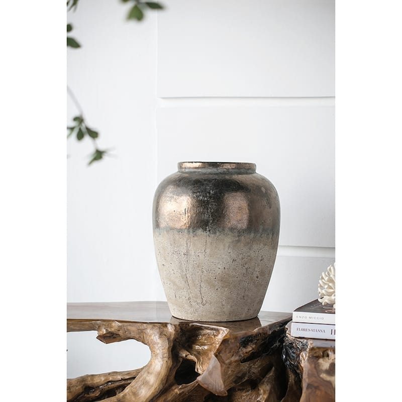 13x13x16" Round Sienna Brown Ceramic Accent Vase - Brown + Antique White