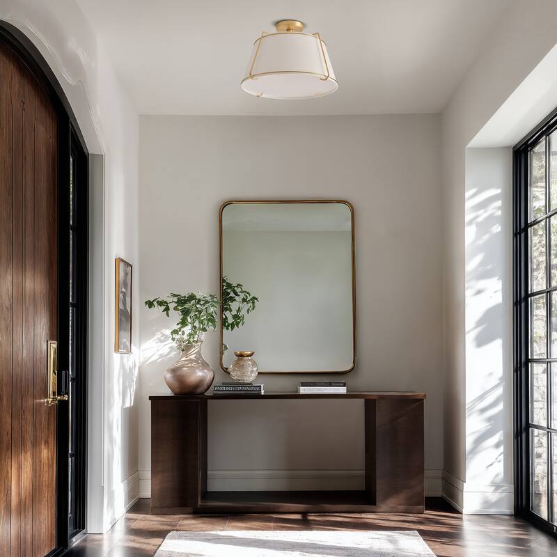 Crest Semi-Flush Mount - Metal, Fabric & Gold, Ivory White Ceiling Light for Bedroom or Hallway in Modern, Transitional Style