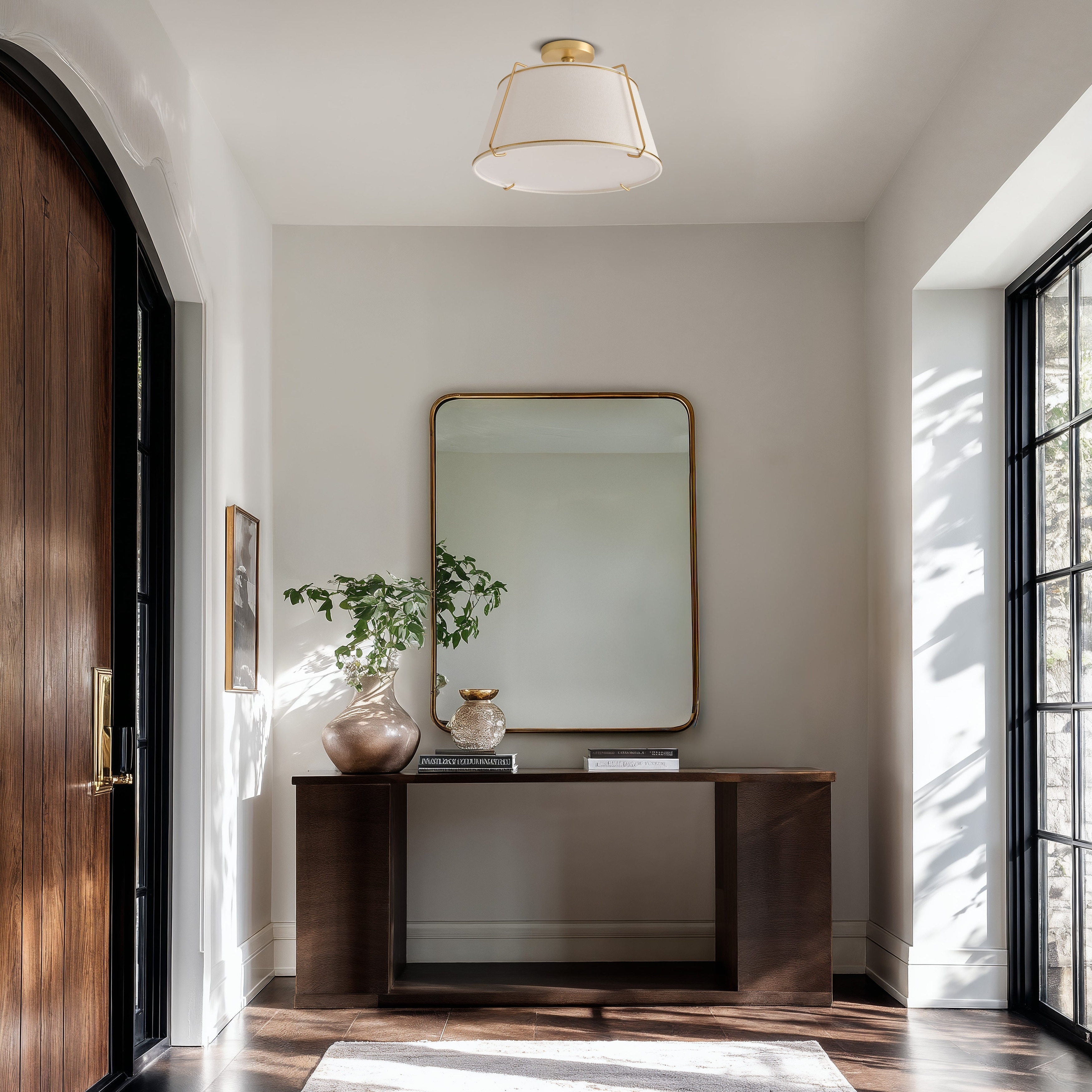 Modern Semi-Flush Mount - Metal, Fabric & Gold, Ivory White Ceiling Light for Bedroom or Hallway in Modern, Transitional Style
