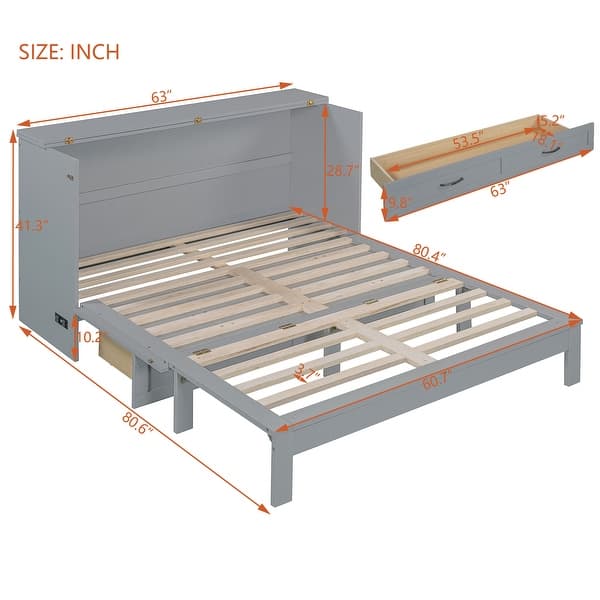 dimension image slide 6 of 7, Wood Murphy Bed with Large Drawer and Charging Station, Foldable Cabinet Wall Chest Bed with Rattan Finish, Wood Slats Support