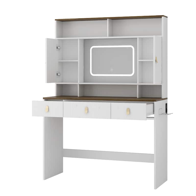 Roomfitters 42" Makeup Vanity with LED Lighted Mirror, Fluted White & Walnut Dressing Table, 3 Drawers, Hair Dryer Holder