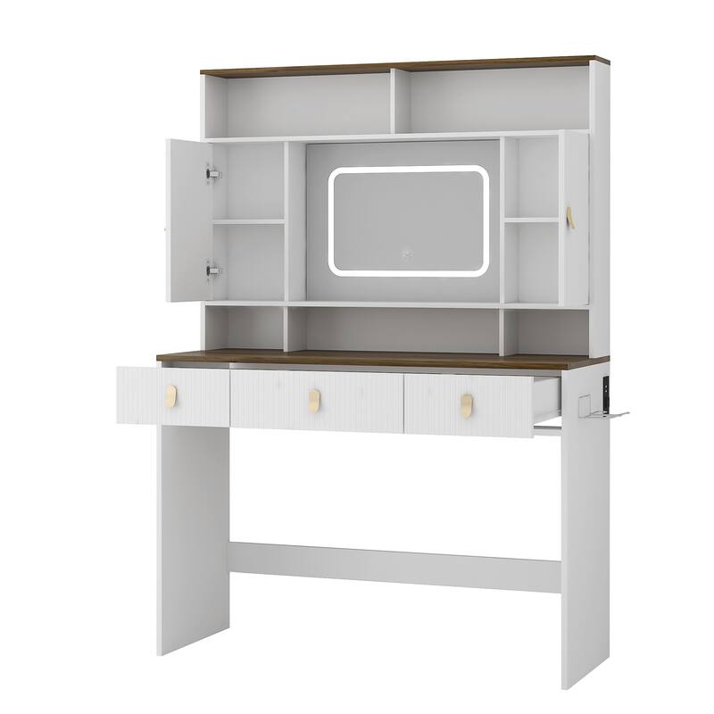 Vanity Set with Hair Dryer Holder, 43" Farmhouse Dressing Table with Lighted Mirror & Makeup Drawer