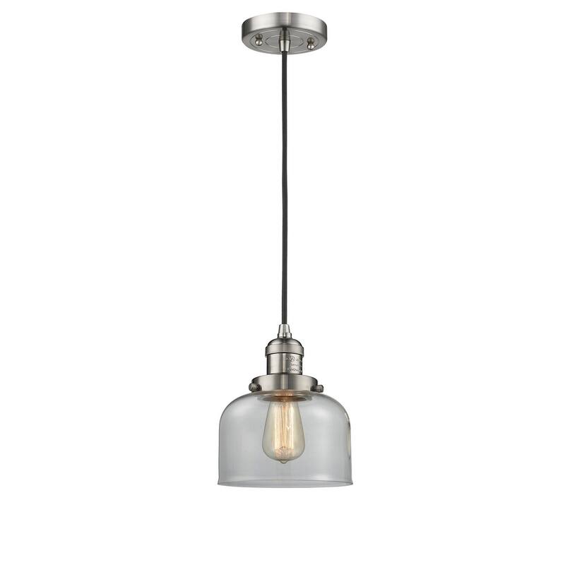 Innovations Lighting Large Bell 8" Wide Mini Pendant - Cord Suspension - Brushed Satin Nickel / Clear