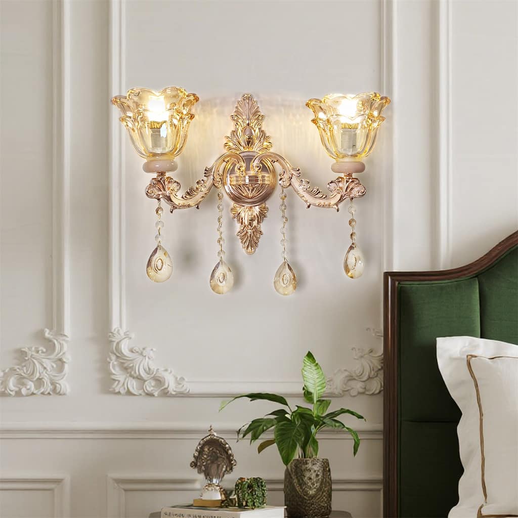 Antique Gold Crystal Wall Sconce Glass Flower Lampshade with Beveled Clear Crystals