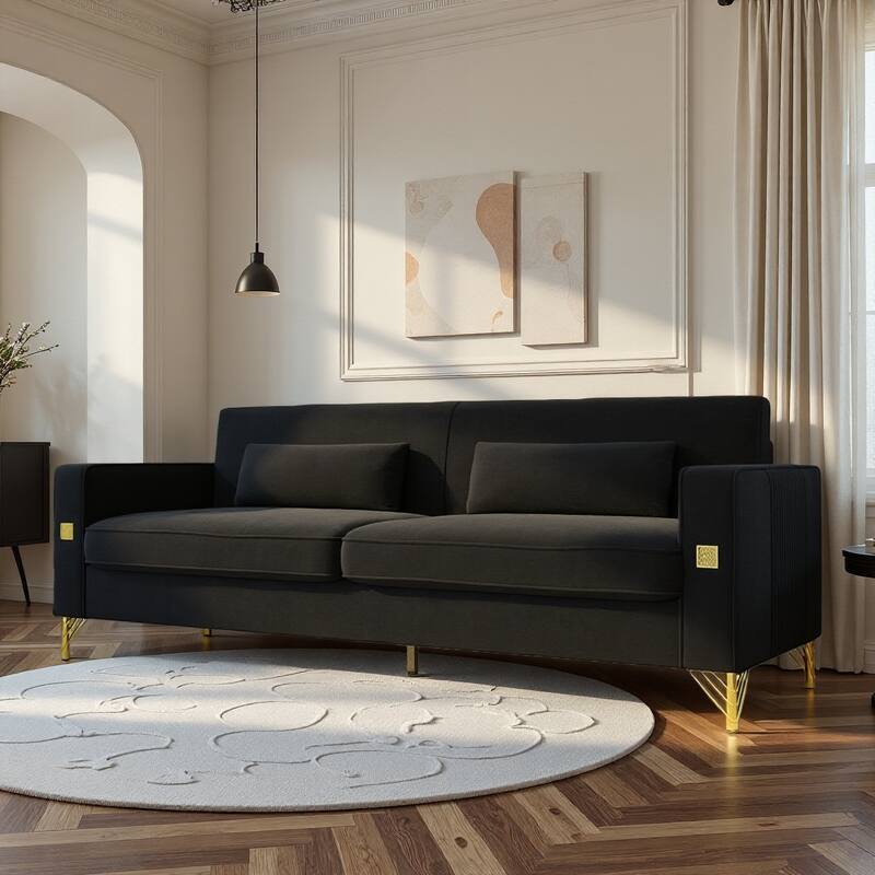 85.63" Velvet Sofa Couch with Cushions, Loveseat for Living Room, Square Armrest Upholstered Sofa with Metal Legs - Black