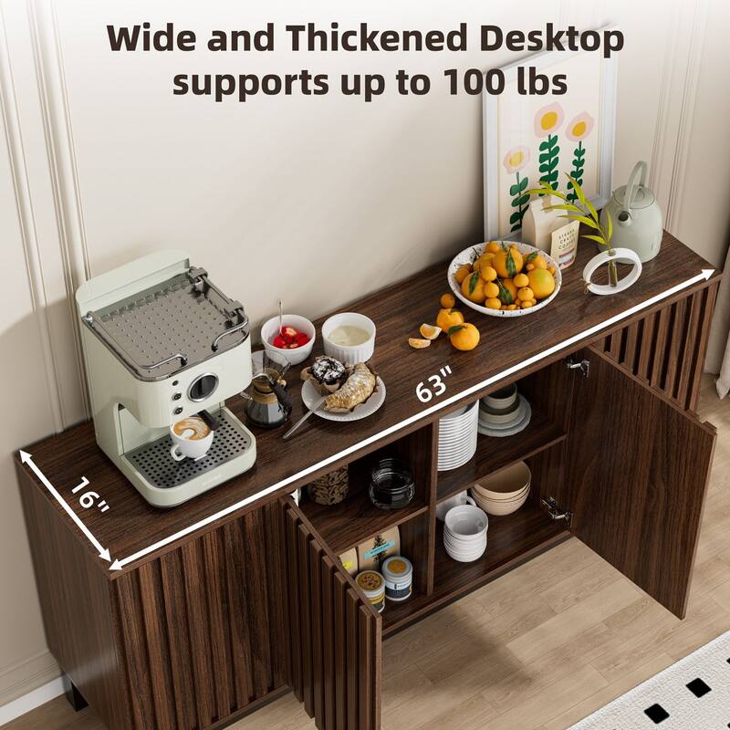 Meyreso 63 Inch Fluted Buffet Cabinet with Shelves & 4 Doors