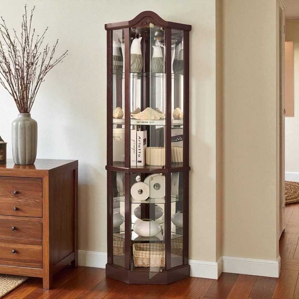 Lighted Corner Curio Cabinet with Glass Doors, Adjustable Shelves & Carved Cherry Decor, Elegant Display Cabinet for Home