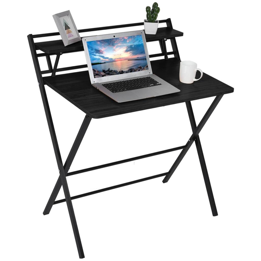 Folding Small Desk Laptop Writing Table Upper Shelf Home Office Small Space Black