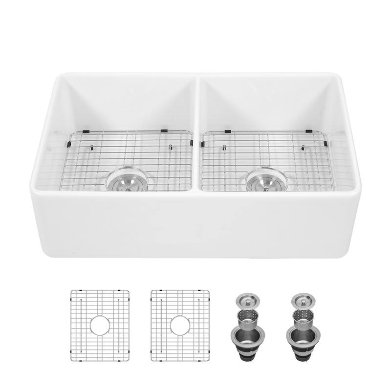 33" White Ceramic Double Bowl Farm Kitchen Sink - White