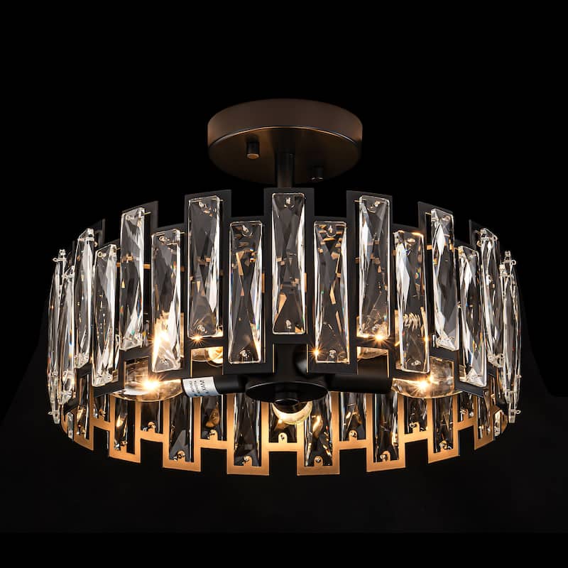 5-Light Mid-Century Modern Glam Drum Crystal Semi-Flush Mount Light - Black