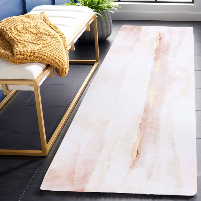 SAFAVIEH Tacoma Machine Washable Slip Resistant Winnifred Modern Abstract - 2' 6" x 12' - Beige/Gold