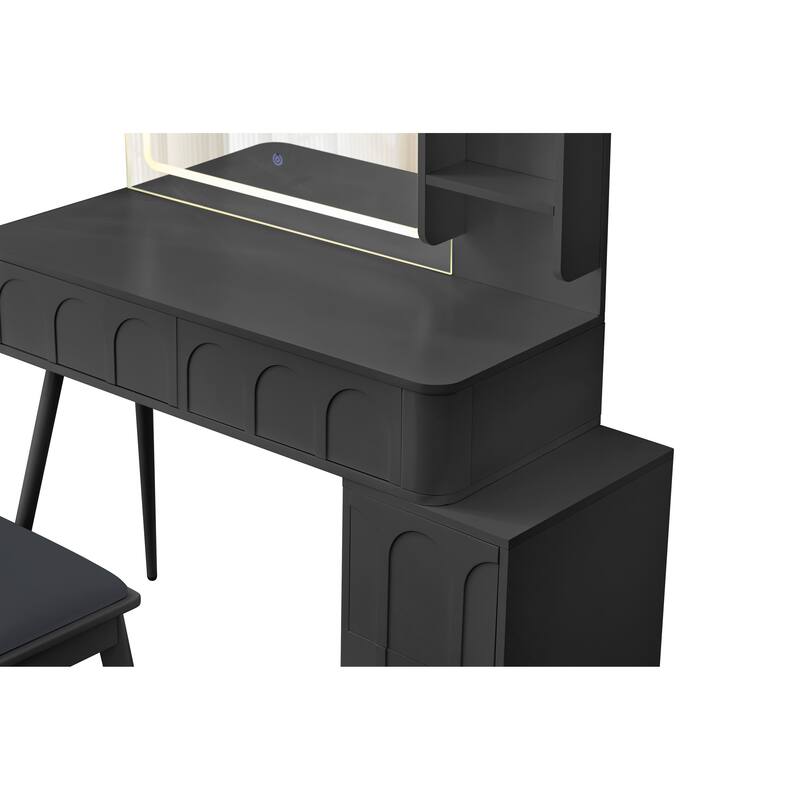 Modern Makeup Vanity Desk with LED Lights & Mirror, Extendable Dressing Table Set with Stool, 4 Drawer & Side Cabinet