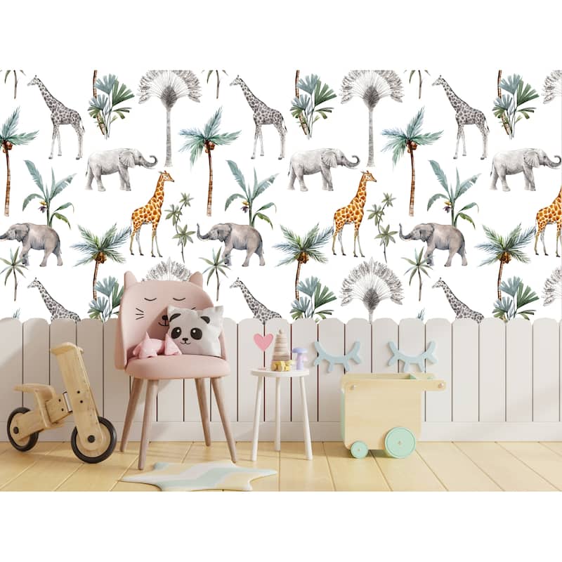 Safari Animals and Palms Removable Wallpaper - 24'' inch x 10'ft