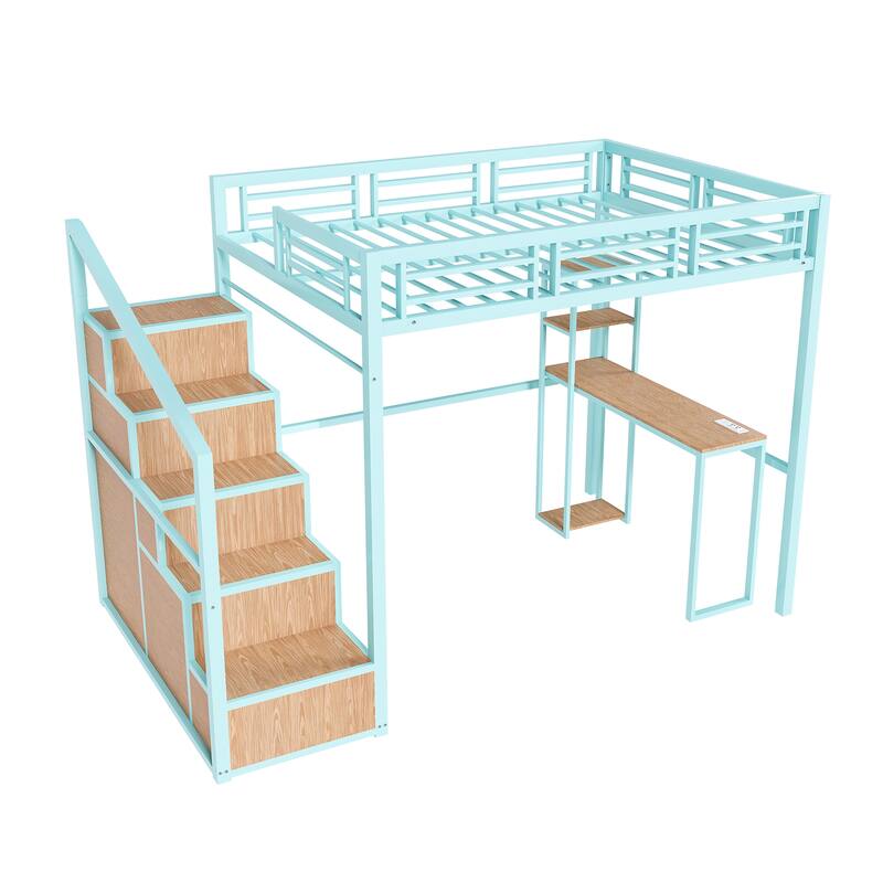 Full Loft Bed /Desk & Storage - Heavy Metal Frame, 4 Cabinets, Staircase & Rack Space-Saver