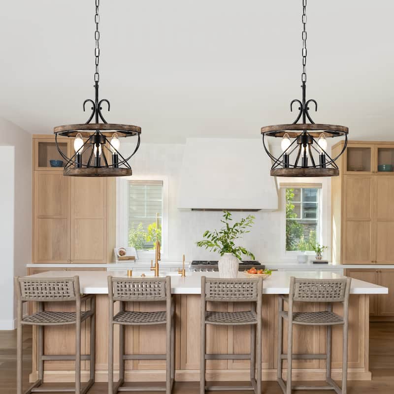 Oaks Aura 5-Light Farmhouse Wood Chandelier, Drum Chandelier for Dining Room Height Adjustable