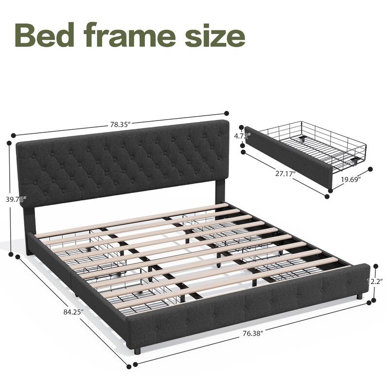 Linen Upholstered Headboard Bed Frame with Large Hidden Storage, 4 Underbed Drawers with Pulleys
