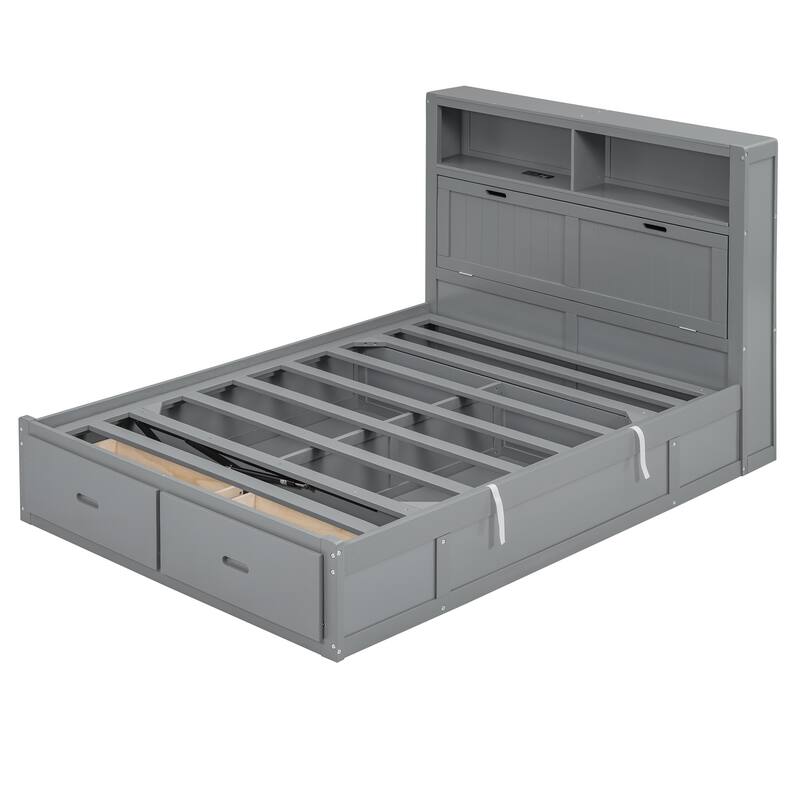 Queen Size Hydraulic Platform Bed with Storage, LED Headboard, Charging Station, and Drawers, Gray