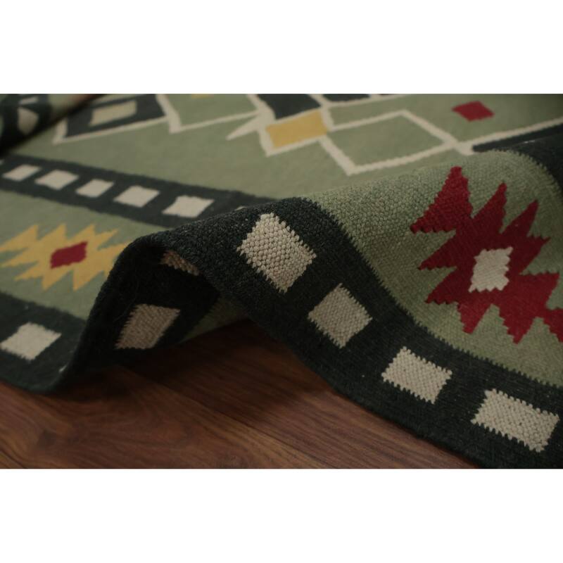 Hand Woven Oriental 100% Wool Carpet Southwestern Tribal Green Kilim Area Rug - 8' 1'' X 4' 10''
