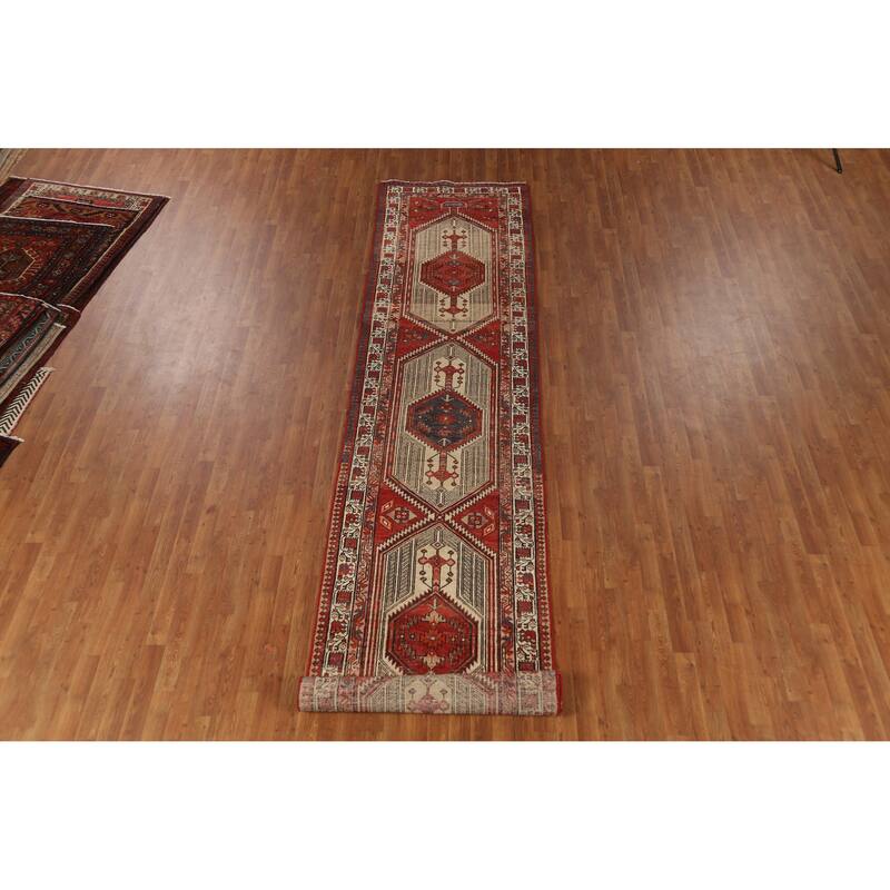 Hand Knotted Oriental 100% Wool Carpet Traditional Geometric Red Ardebil Runner Rug - 14' 8'' X 3' 3''