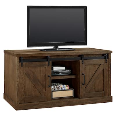 Avondale 60" TV Console, Barn Door Entertainment Stand, Wood Accent Cabinet, Brown