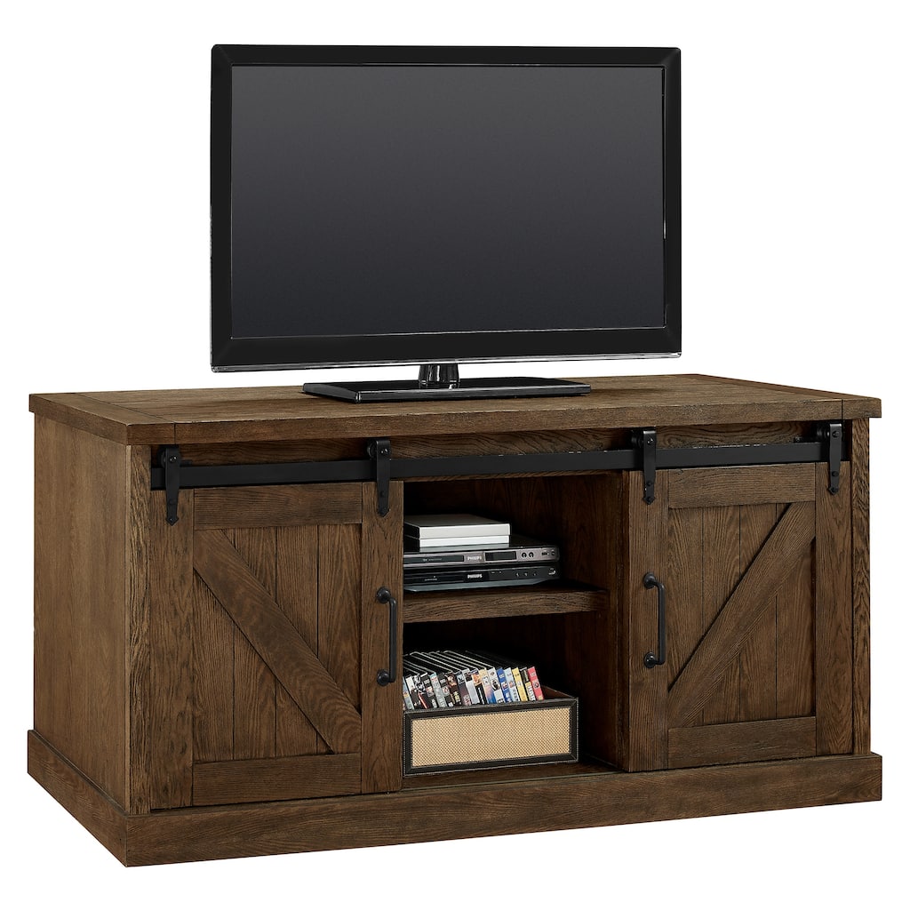 Avondale 60" TV Console, Barn Door Entertainment Stand, Wood Accent Cabinet, Brown