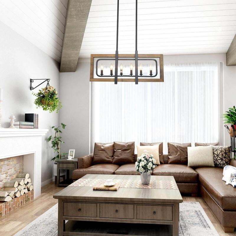 Farmhouse 6-Light Wood Rectangle Chandelier Island Lights for Dining Kitchen Island