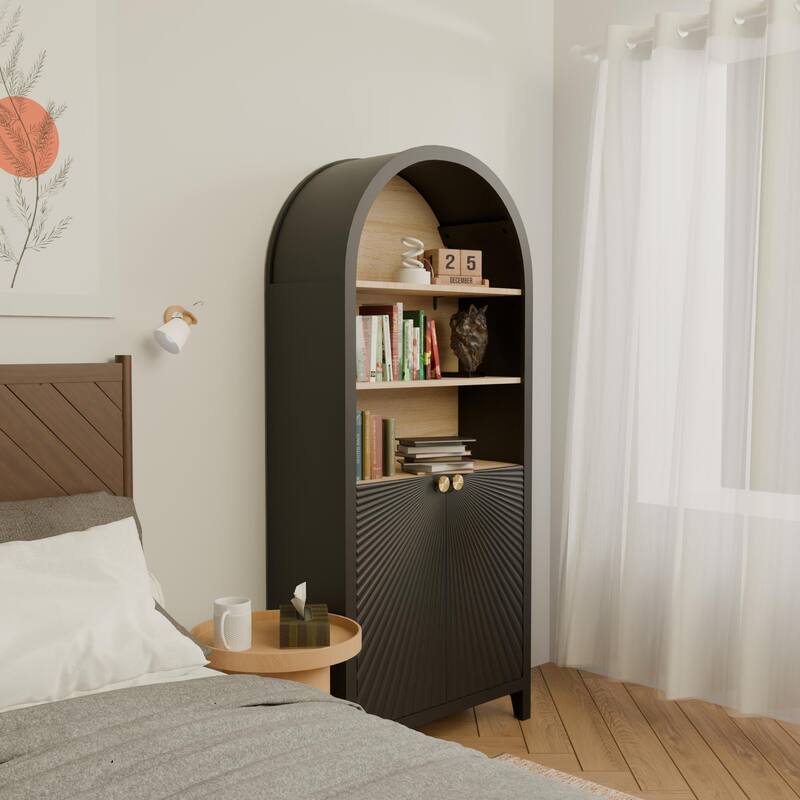 61" Tall Arched Cabinets,Bookcase with storage,Mid-Century Modern 5-Tier Bookshelf with Door,Black