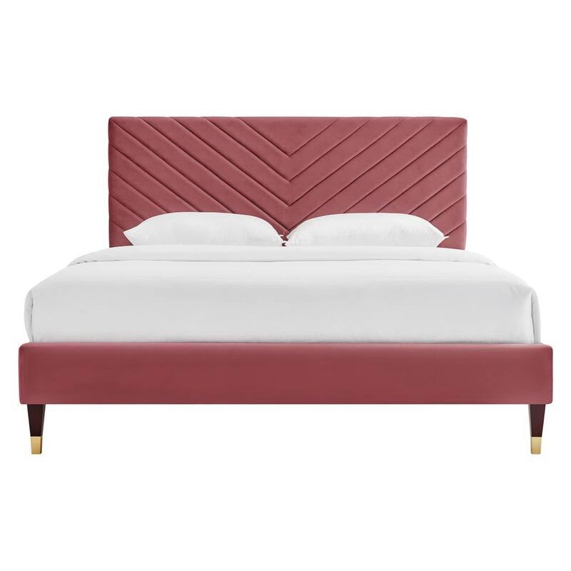 Roxanne Performance Velvet Platform Bed With Wood and Gold Legs