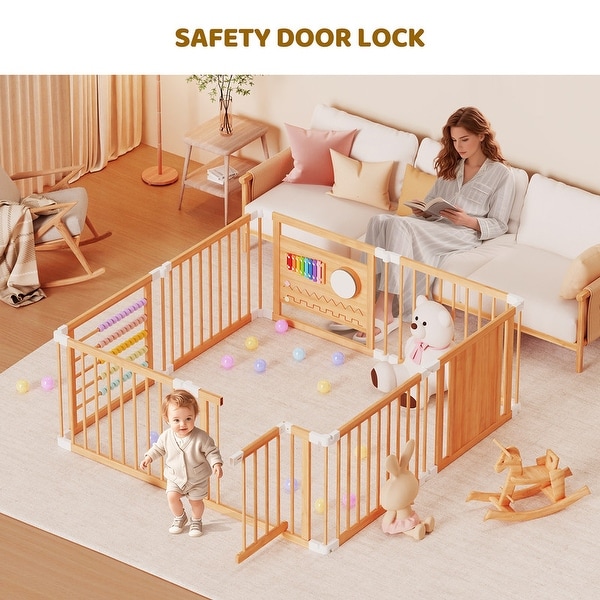 Foldable Wooden Playpen with Door, Adjustable, 1-8 years, Safety