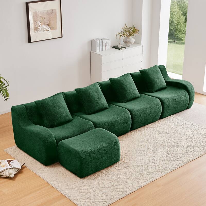 Anmytek Modern Plush L-Shaped 4-Seat Chaise Boneless Sofa - Teddy Fabric, 32D High Density Sponge, No Assembly