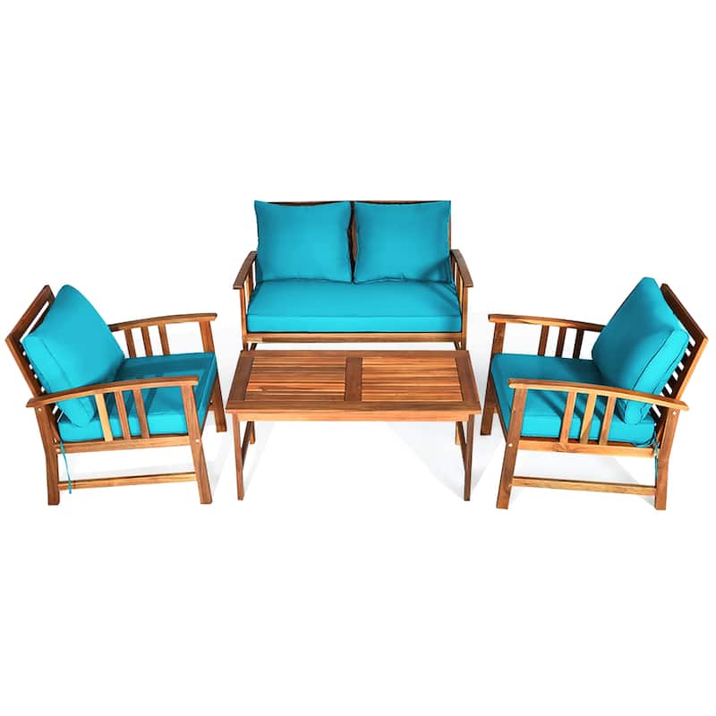 4 PCS Wooden Patio Furniture Set Outdoor Seating Chat Set - Turquoise