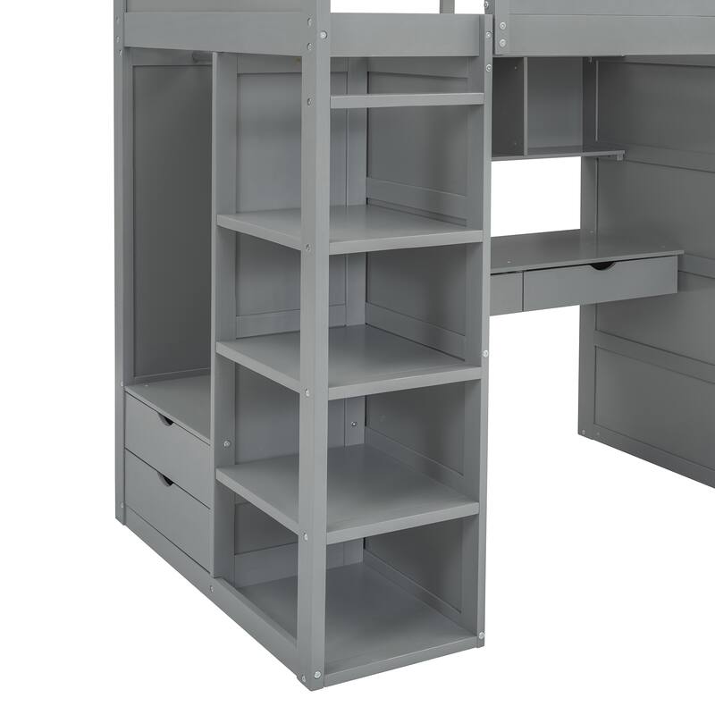 Modern Twin Loft Bed with Built-In Desk, Storage Drawers, Shelves, and Open Closet