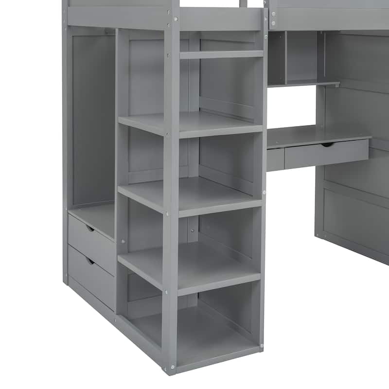 Twin Size Solid Wood Loft Bed with Desk, Wardrobes, 4 Drawers and 4 Shelves for Kids, Bedroom
