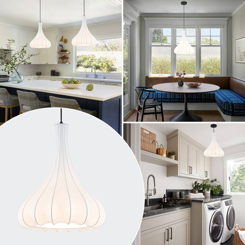 White Fluted Bell Fabric Pendant Light for Bedroom & Living Room - Dia.13.78-in