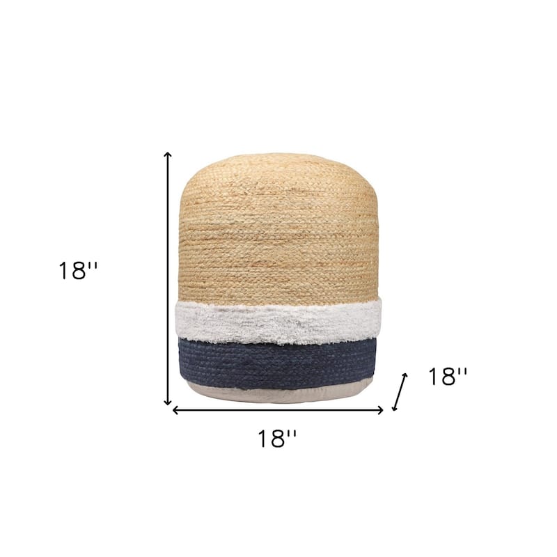 HomeRoots 18" Natural And Navy Blue Jute Blend Cylinder Striped Pouf Ottoman