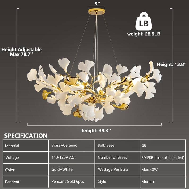 KAYLA Ceramic Ginkgo Leaf 8 -Light L40 Inch Chandelier
