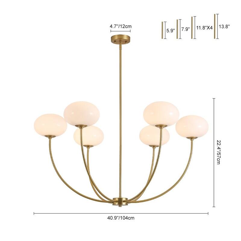 Modern 6-Light Oval Globe Opal Glass Arc Metal Chandelier - 40.9 in