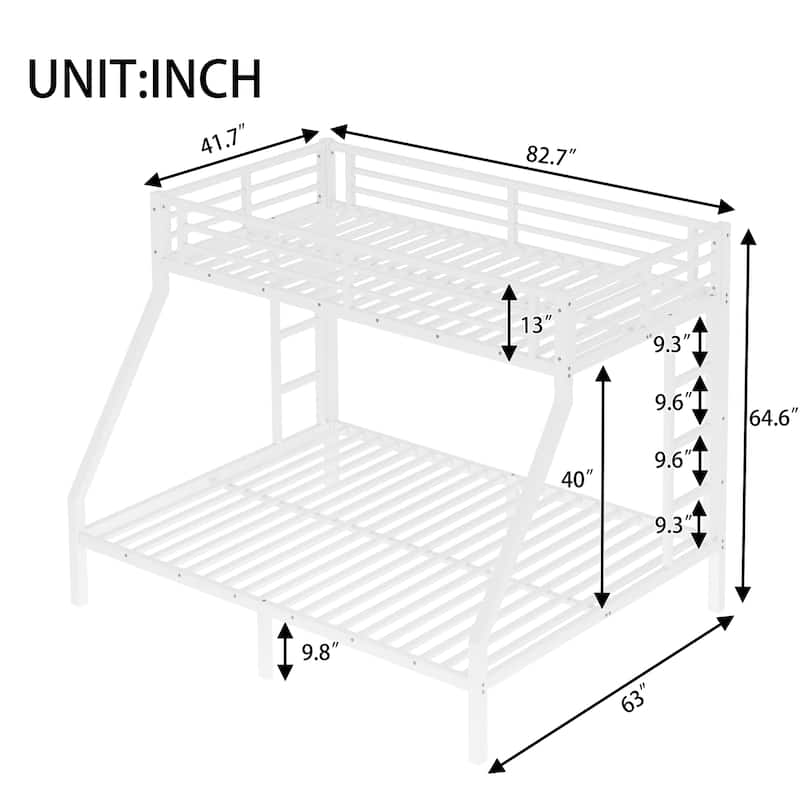 White Metal Bunk Bed: Twin XL over Queen for Teens & Adults – Space-Saving, Noise-Reduced, No Box Spring Needed, Sturdy Design