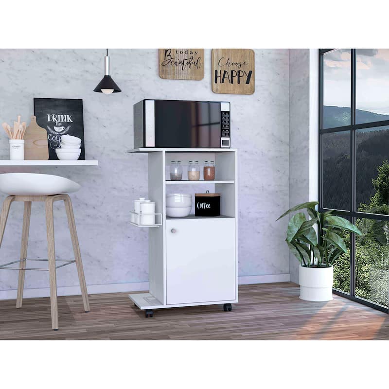 Versatile White Kitchen Cart with Caster Wheels, One-Door Cabinet, Microwave Stand, 27.96" Countertop