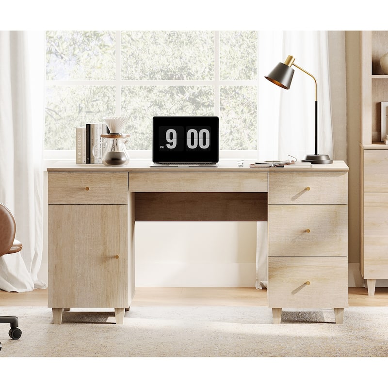 WAMPAT 58" Executive Desk with 5 Drawers & 1 Storage Cabinet - Beige