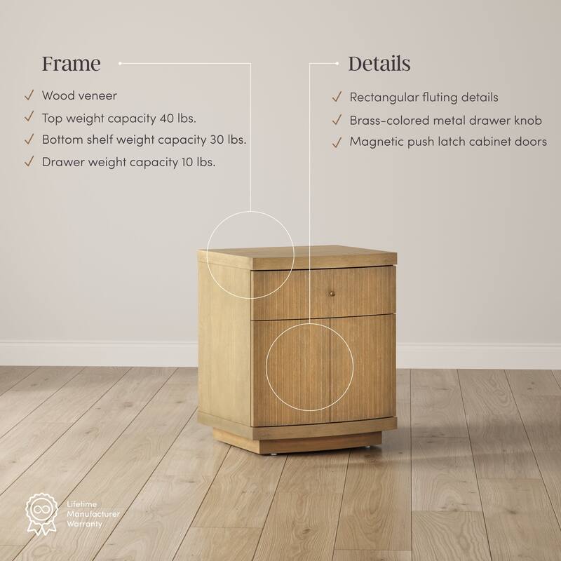 Tambellini Mid Century Modern Nightstand, Solid Wood Bedside Table with Drawer and Cabinet Storage