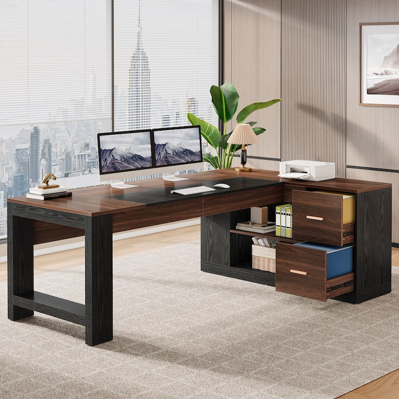 78" L-Shaped Executive Desk with Drawers & Cabinet, Modern Corner Workstation