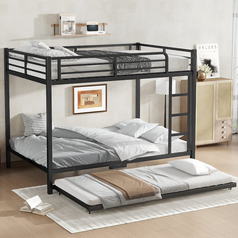 Black Metal Twin Bunk Bed With Pull-Out Trundle‌